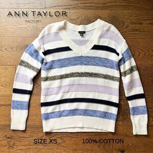 Ann Taylor Factory Striped V-Neck Sweater | 100% Cotton XS Cozy Pullover